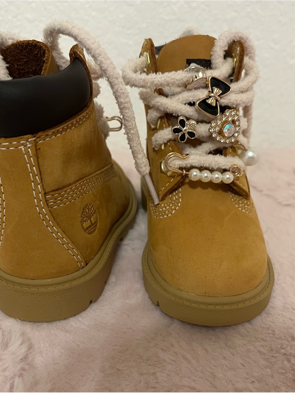 Timberland Toddler Wheat/Tan Suede Lace-Up Boots with Charm Accents